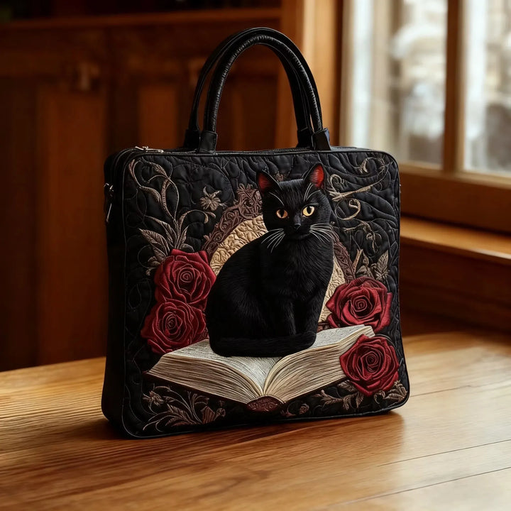 Artisanal Quilted Bag - Black Cat on Books
