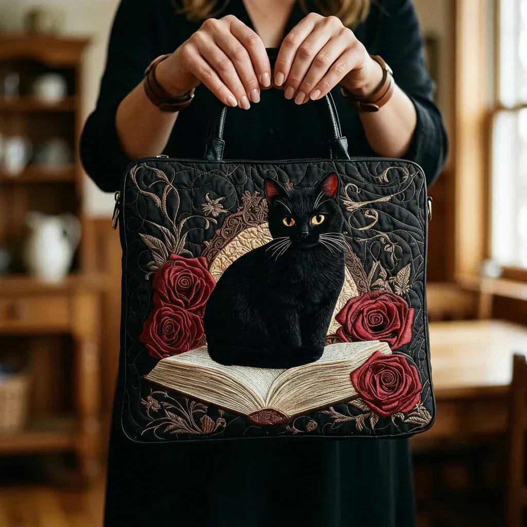 Artisanal Quilted Bag - Black Cat on Books